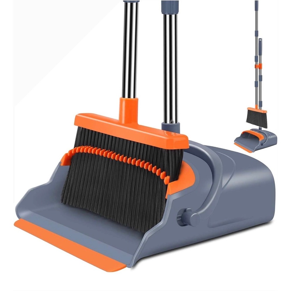 Long Handle Broom and Dustpan Set with Comb Teeth Upright Standing Storage Grey